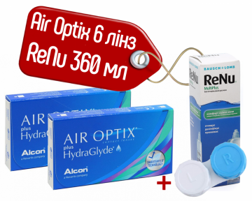 Контактні лінзи Air Optix Plus Hydraglyde 6 лінз + Розчин для лінз ReNu MultiPlus 360 мл + контейнер