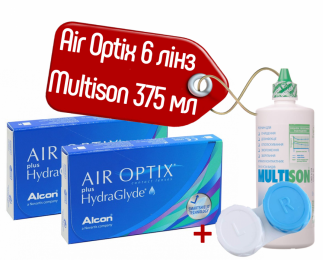 Контактні лінзи Air Optix Plus Hydraglyde 6 лінз + Розчин для лінз Multison 375 мл + контейнер